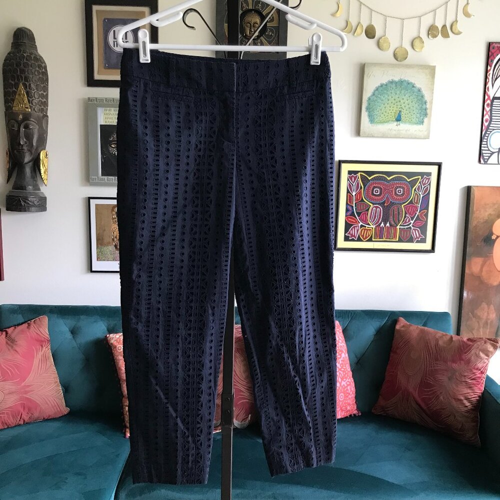 Ann Taylor LOFT size 0 Petite Julie Riviera Blue Eyelet Embroidered Crop Pants